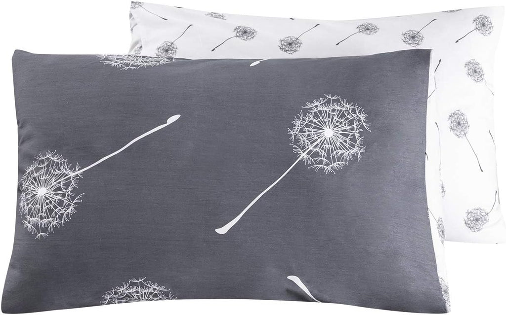 YuHeGuoJi Pillowcases 100% Cotton Queen Size Set of 2 Gray Grey White Dandelion Floral Print Decorative Bed Pillow Covers with Envelope Clo…