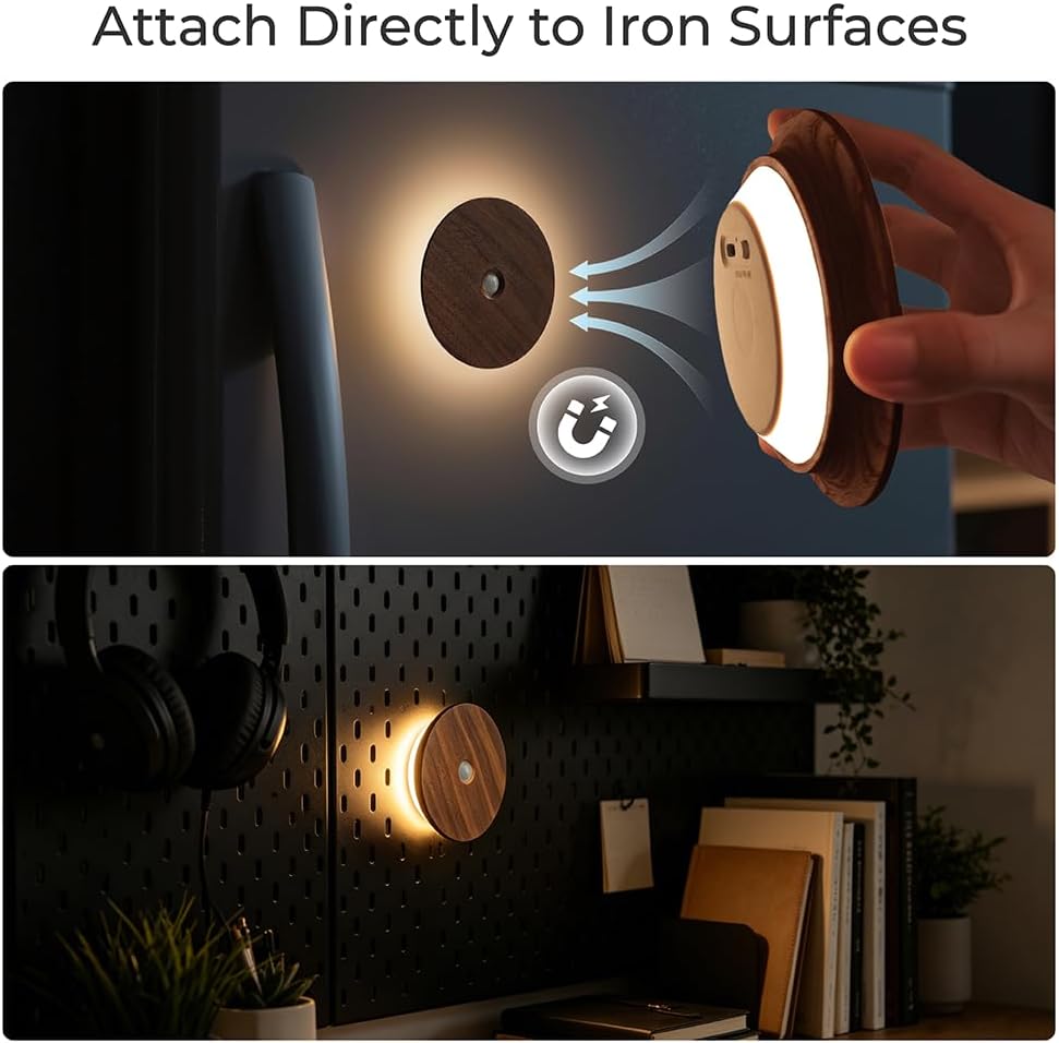 Motion Sensor Night Light Wood Rechargeable Battery Powered Stick-On Step Lights Magnetic Closet Warm Nightlight for Hallway Bedroom…