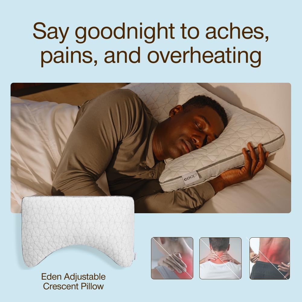 CoopSleepGoods Coop Home Goods Eden Crescent Bed Pillow for Side & Back Sleepers, Queen Size, Adjustable Medium Soft Memory Foam Pillow wit…