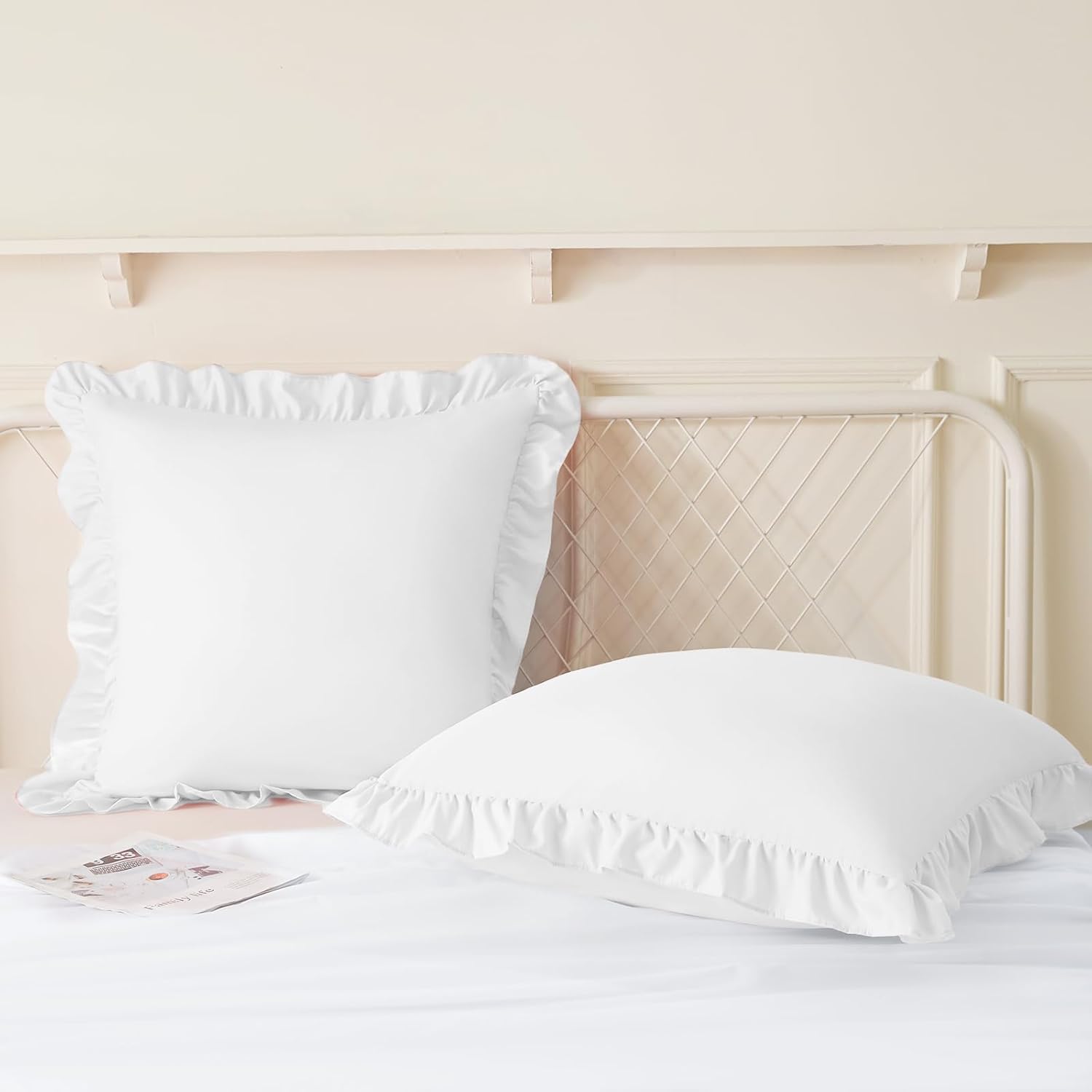 KKJIAF Ruffle Pillow Cases 22x22 Inches, White Square Ruffled Pillow Covers Set of 2, Microfiber Wrinkle Resistant Pillow Shams with…