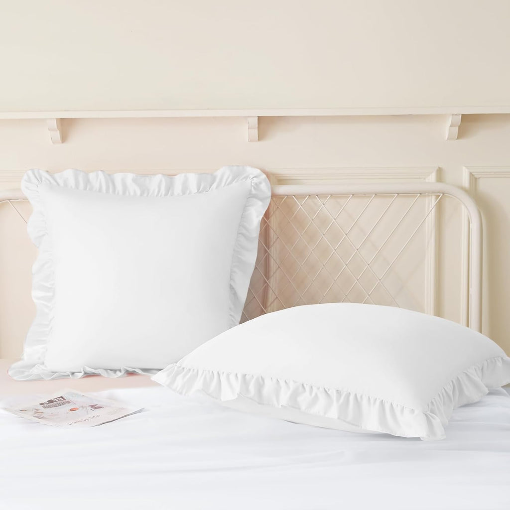 KKJIAF Ruffle Pillow Cases 18x18 Inches, White Square Ruffled Pillow Covers Set of 2, Microfiber Wrinkle Resistant Pillow Shams with…