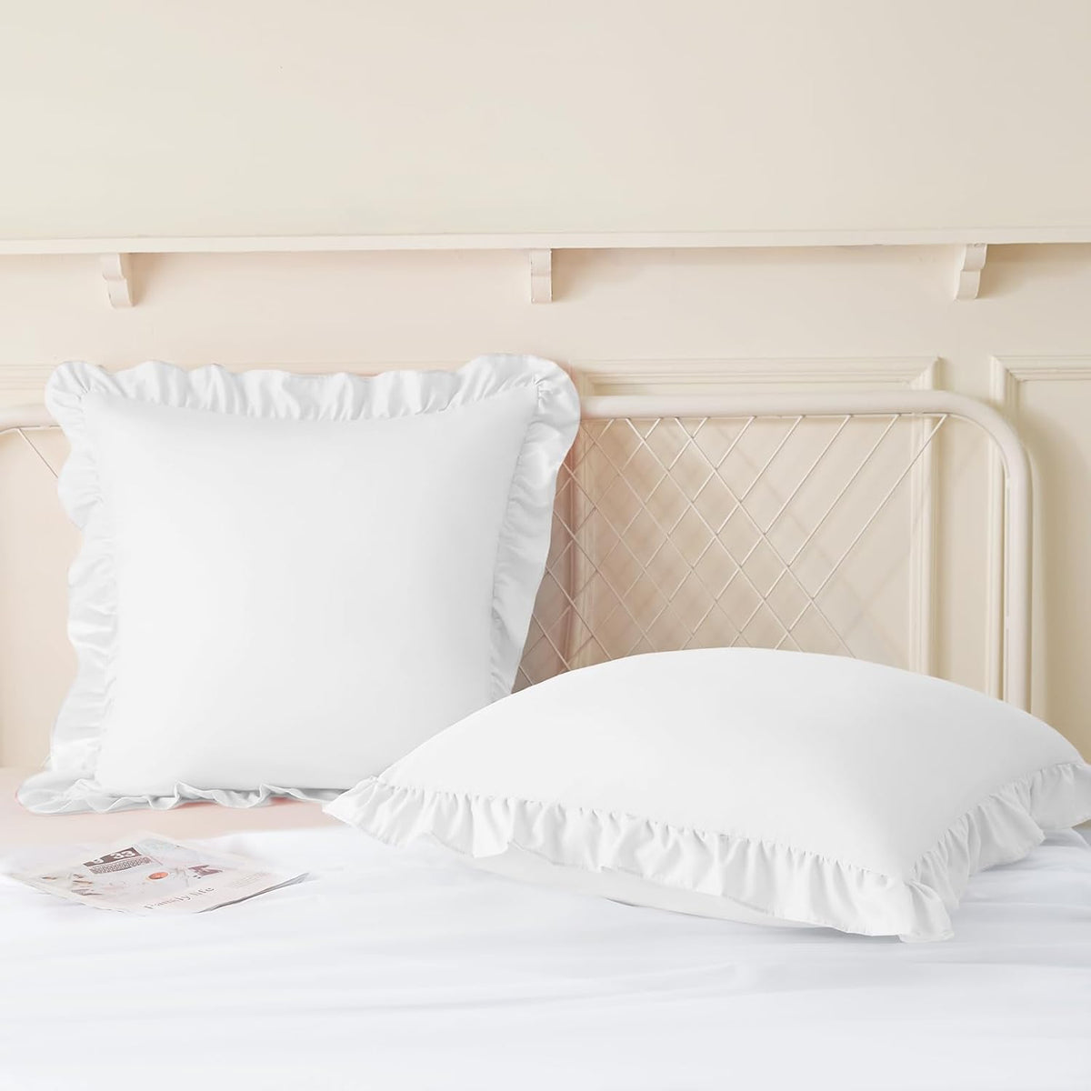 KKJIAF Ruffle Pillow Cases 18x18 Inches, White Square Ruffled Pillow Covers Set of 2, Microfiber Wrinkle Resistant Pillow Shams with…