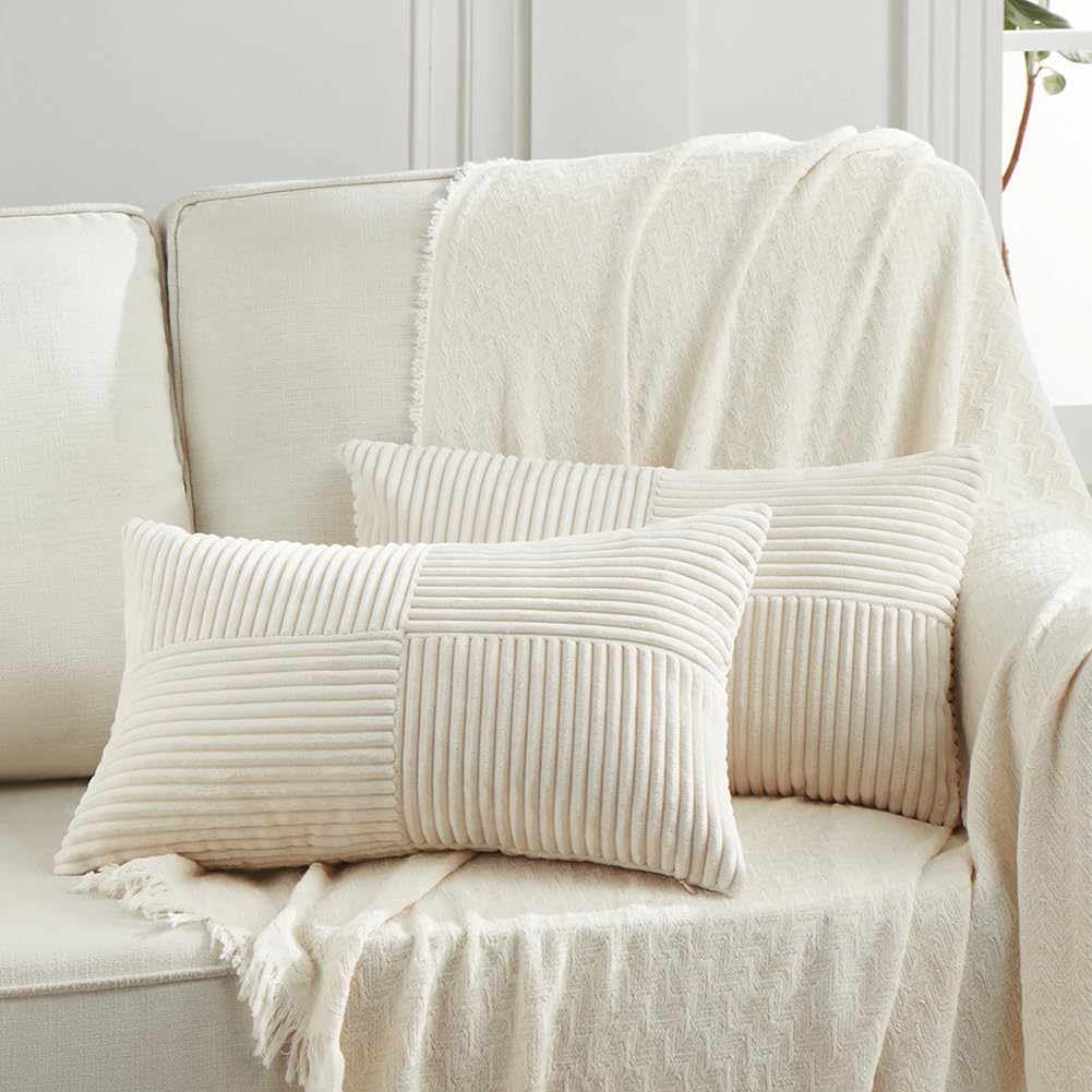 Fancy Homi 2 Packs Cream Lumbar Decorative Throw Pillow Covers 12x20 Inch for Living Room Couch Bed Sofa, Rustic Farmhouse Boho Home…