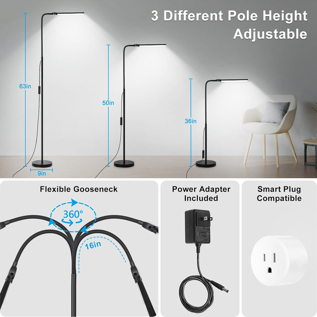 LED Floor Lamp with Remote Control, Bright 18W Floor Lamps for Living Room with Double Head, Adjustable Gooseneck Standing Lamp, Eye…
