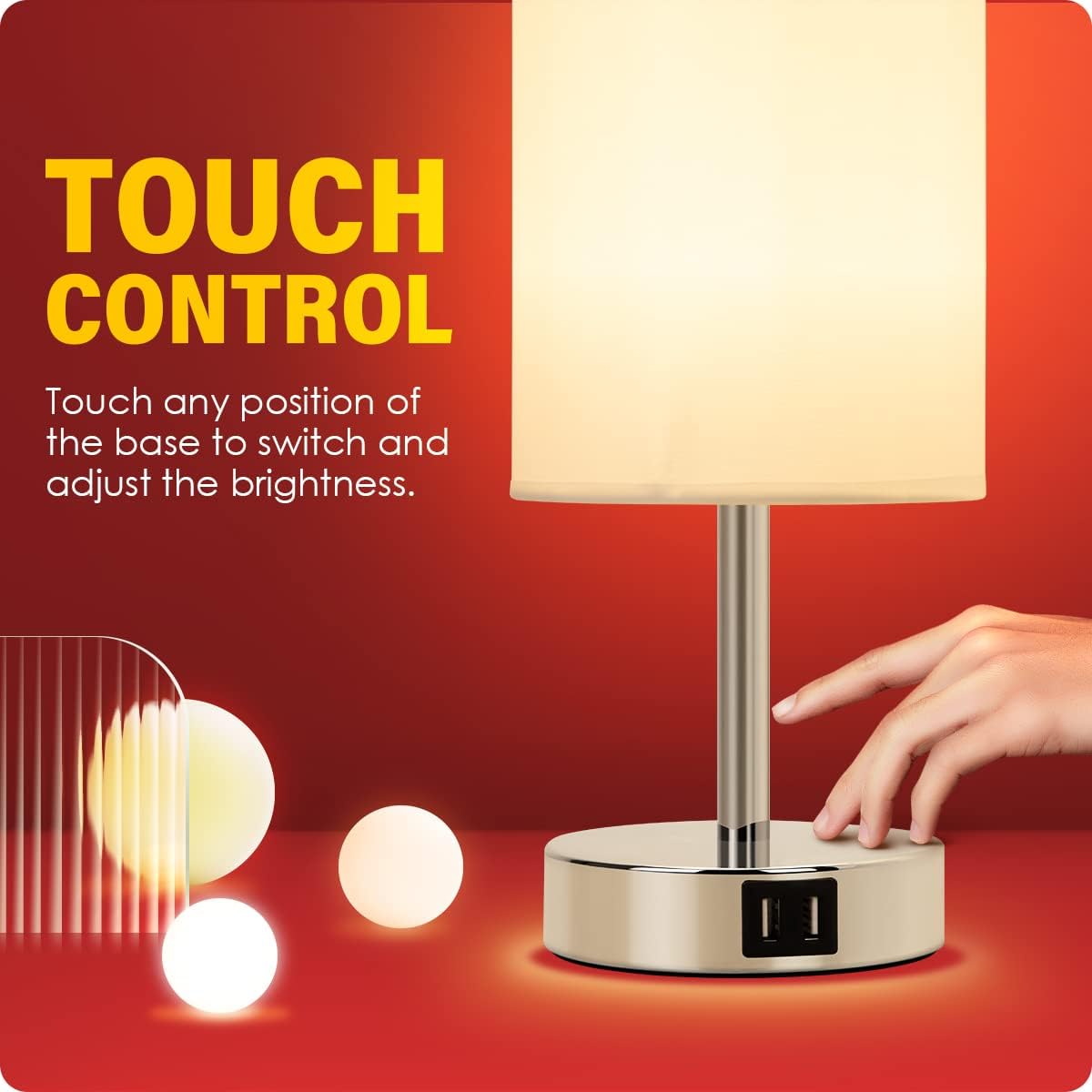 Yarra-Decor Bedside Lamp with USB Port - Touch Control Table Lamp for Bedroom 3 Way Dimmable Nightstand Lamp with Round White Fabric…