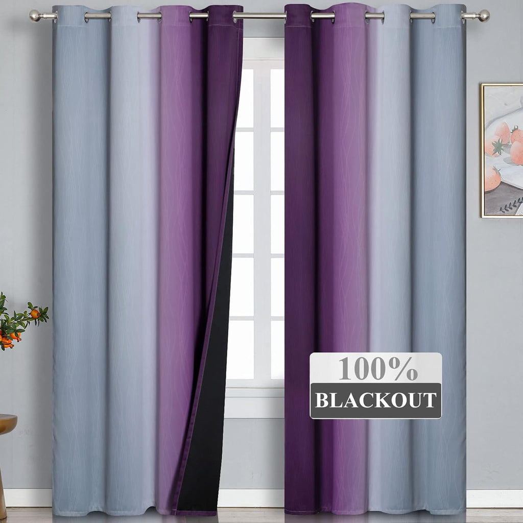 Estelartextiler Purple and Grey Blackout Curtains 84 Inches Long, Ombre and Wavy Line Pattern 100% Blackout Curtains for Bedroom, Full Light…