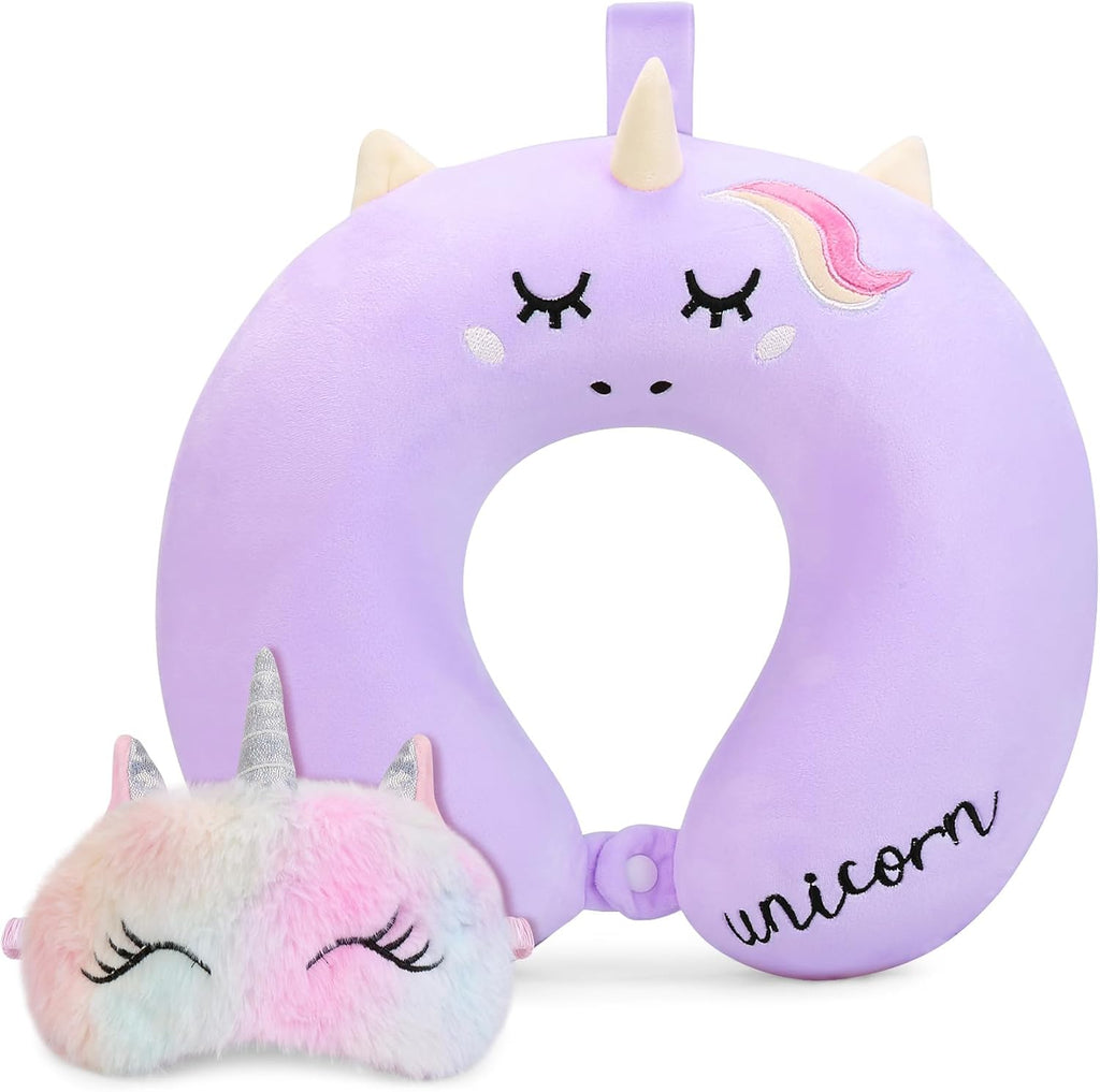 Kids Neck Pillow for Traveling, Unicorn Kids Travel Pillow with Eye Mask, Toddler Travel Essentials for Road Trip Airplane Flight Car…