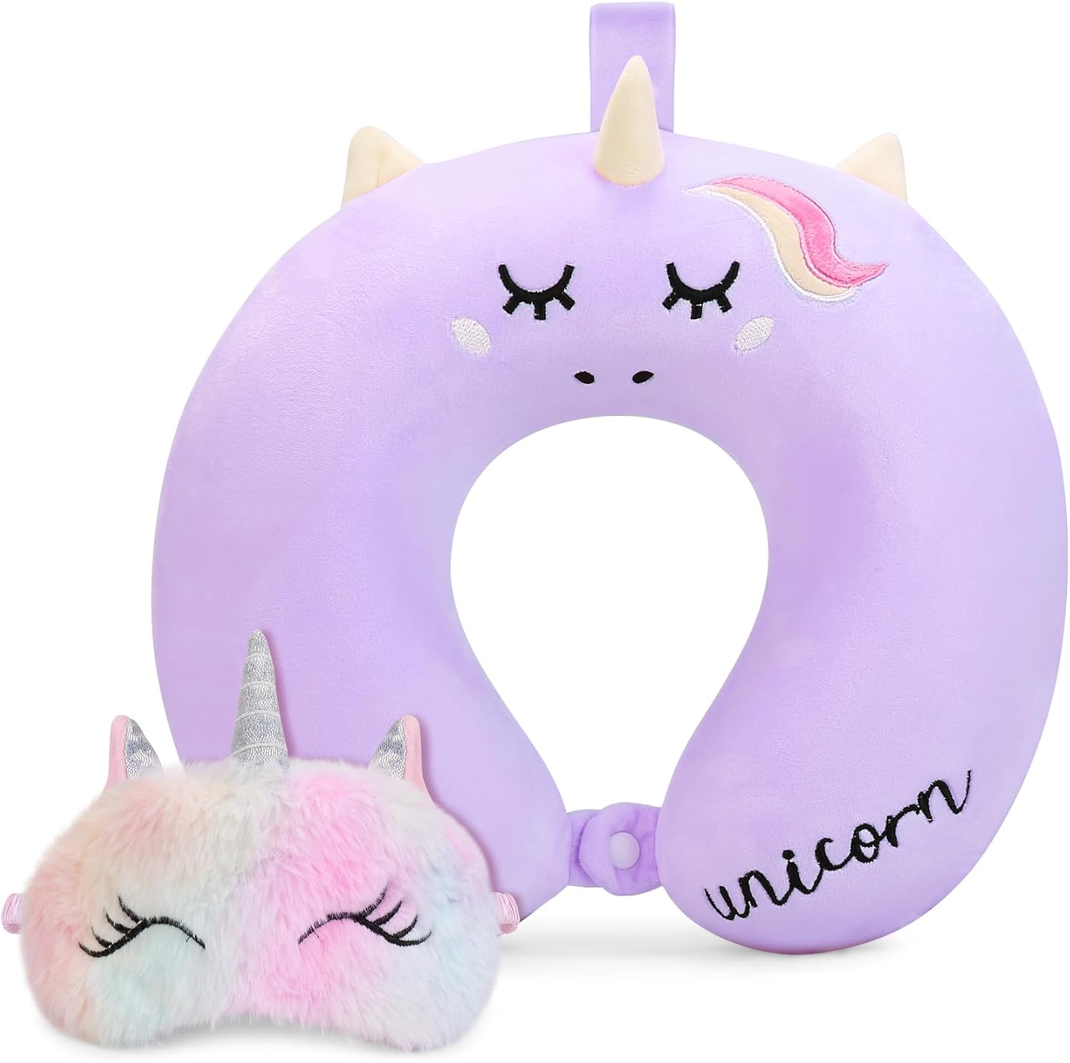Kids Neck Pillow for Traveling, Unicorn Kids Travel Pillow with Eye Mask, Toddler Travel Essentials for Road Trip Airplane Flight Car…