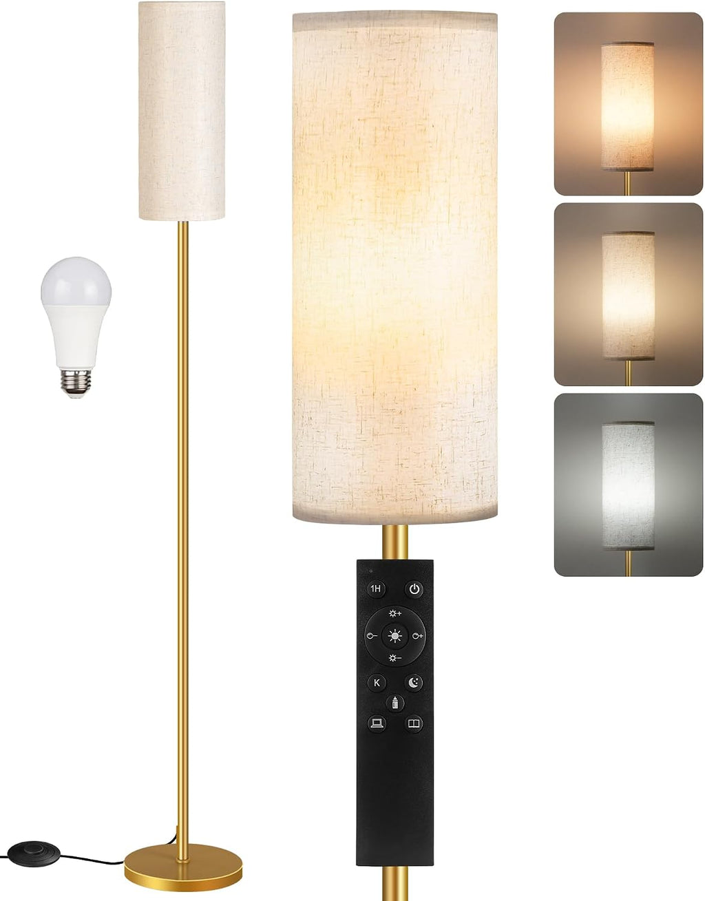 Dimmable Floor Lamp for Living Room with Remote and Foot Switch, Standing Tall Lamp, Bulb Included, 3000K-6500K, Beige and Gold, FCC…