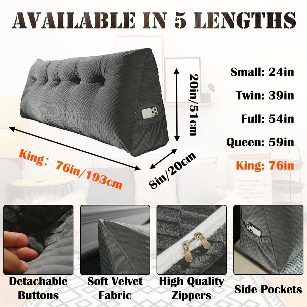 KCTVUIWS Triangular Headboard Pillow with Removable Cover & Side Pockets, Large King Bed Wedge Pillow for Headboard, Daybed Sitting…