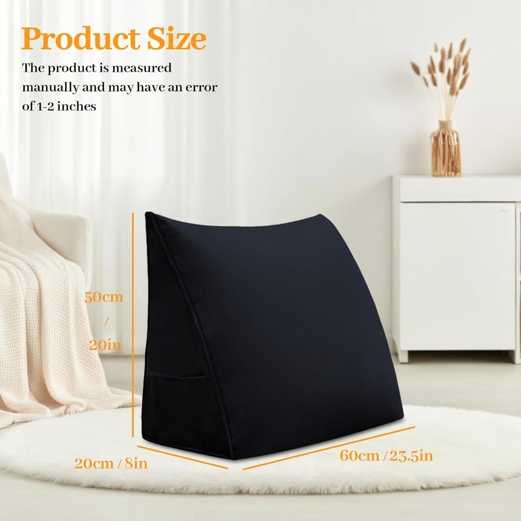Wedge Headboard Pillow Reading Backrest Pillow for Sitting in Bed Sofa Dorm with Removable Cover Side Pockets Dutch Velvet Fabric Black