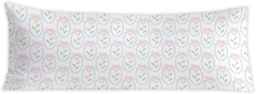 Pink and Green Grandmillennial Floral 20x54 Body Pillow Cover, Grand Millenial Home Decor, Coquette Pink Bow Cottagecore Flower…