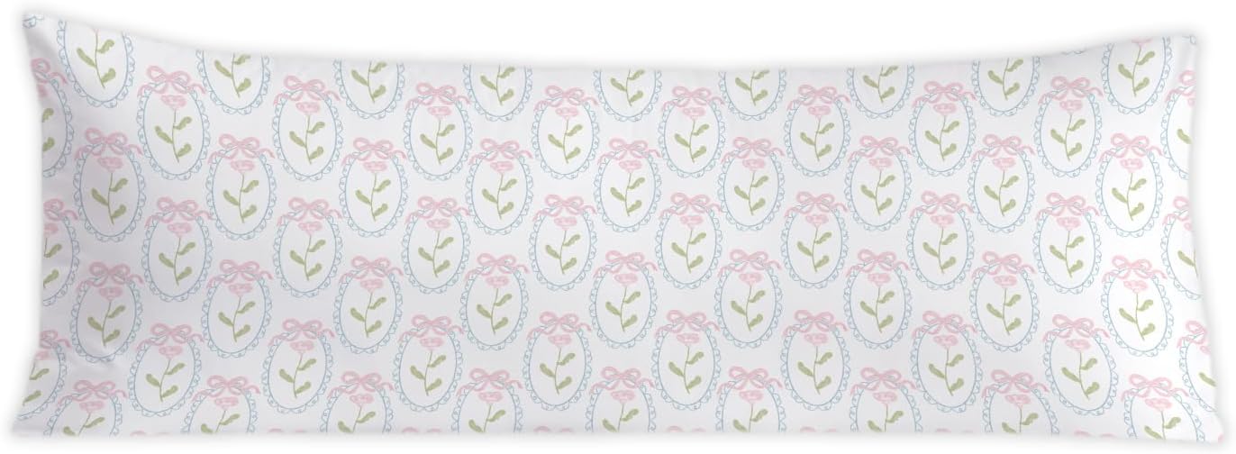 Pink and Green Grandmillennial Floral 20x54 Body Pillow Cover, Grand Millenial Home Decor, Coquette Pink Bow Cottagecore Flower…