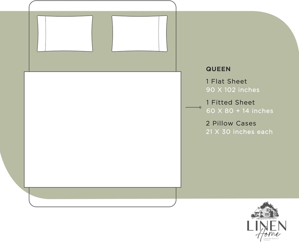 Linen Home 100% Cotton Percale Sheets Queen Size, Sage, Deep Pocket, 4 Pieces Set - 1 Flat, 1 Deep Pocket Fitted Sheet and 2 Pillowcases…