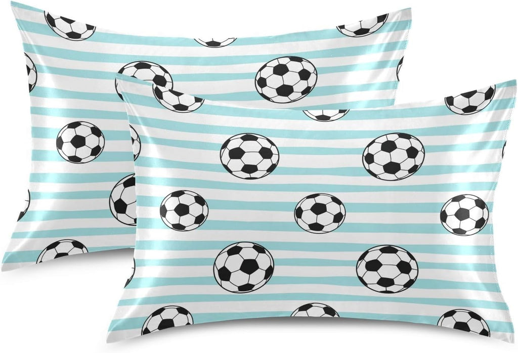 Soccer Blue Stripe Pillow Covers Silk Pillowcase for Hair and Skin Breathable Soft Satin Pillowcase King Size Pillow Case for Bedroom…