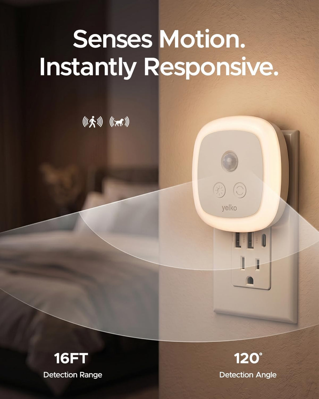 YELKO Motion Sensor Night Light, 5-Level Dimmable with Dusk to Dawn Sensor, Plug in Warm White Anti-Glare LED, Cozy Soft Glow, Adjustable…