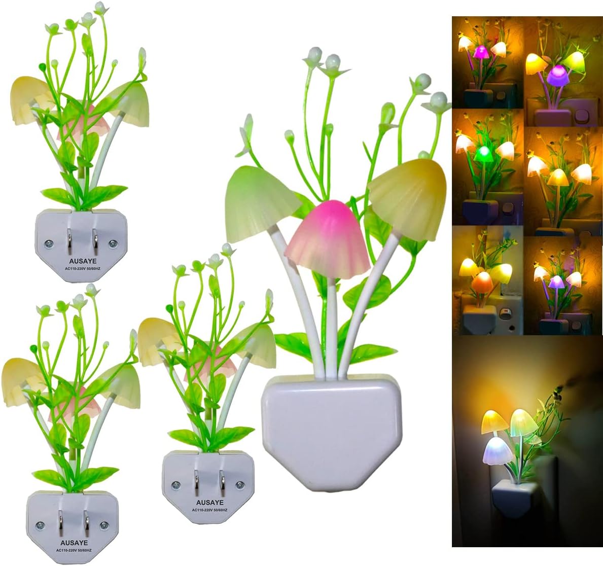 AUSAYE 4 Pack Plug in Night Light, Color Changing Mushroom Light LED Nightlights with Smart Dusk to Dawn Sensor for Kids, Adults…