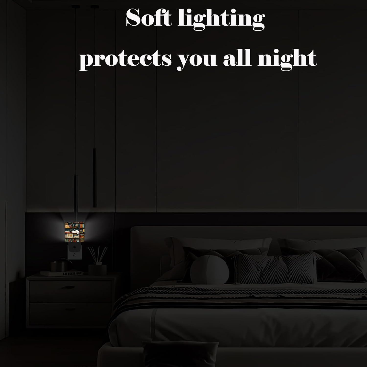 Sleeping Cat and Bookshelf Night Light, Plug-in Night Lights with Dusk-to-Dawn Sensor for Stairway, Hallway, Bedroom Sleep Friendly Ideal…
