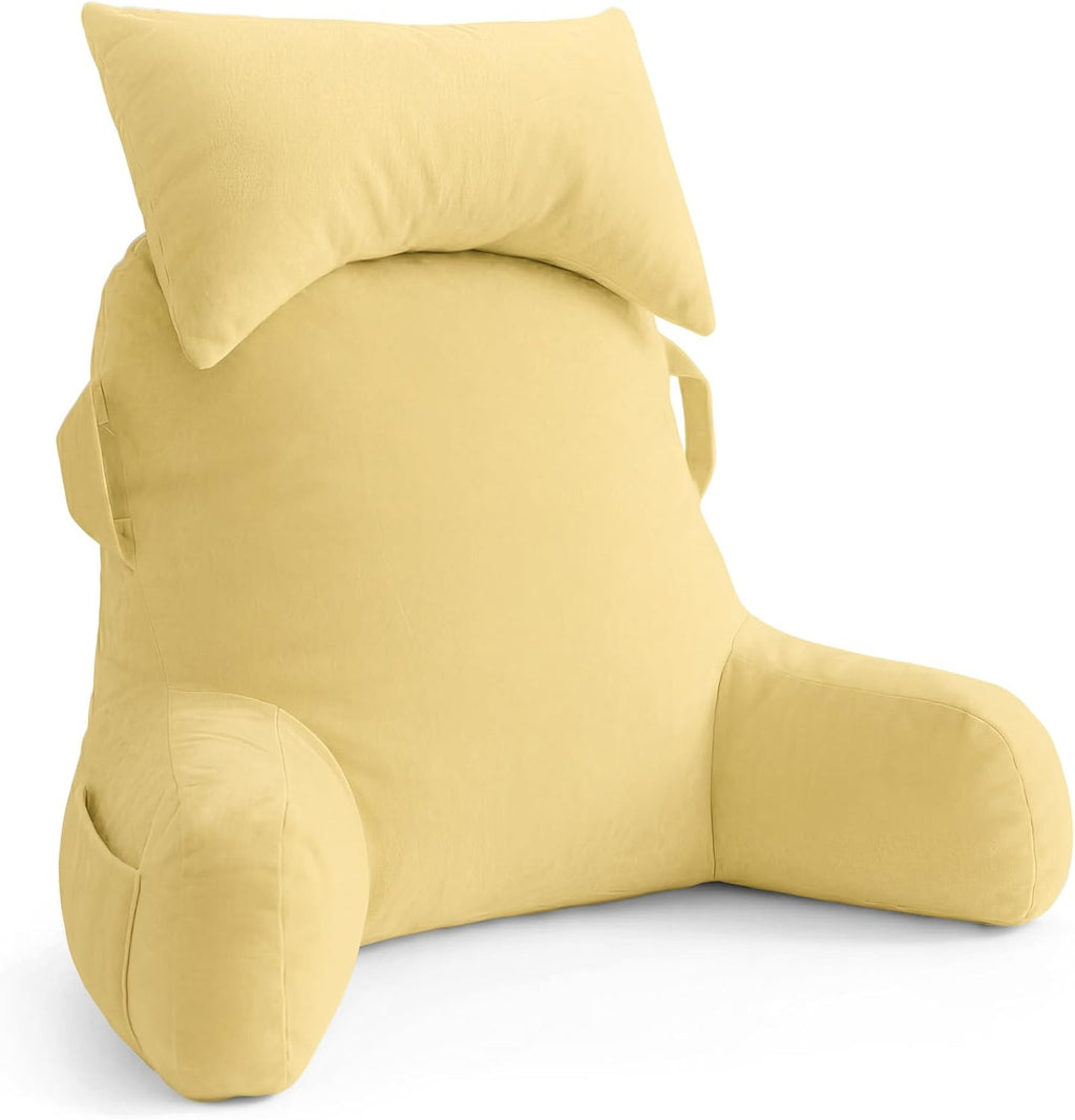 Unisakey Portable Reading Pillows with Headrest for Bed Sitting Up(Yellow Oeko-Tex), Velvet Back Pillow with Arms & Pockets for Adults…