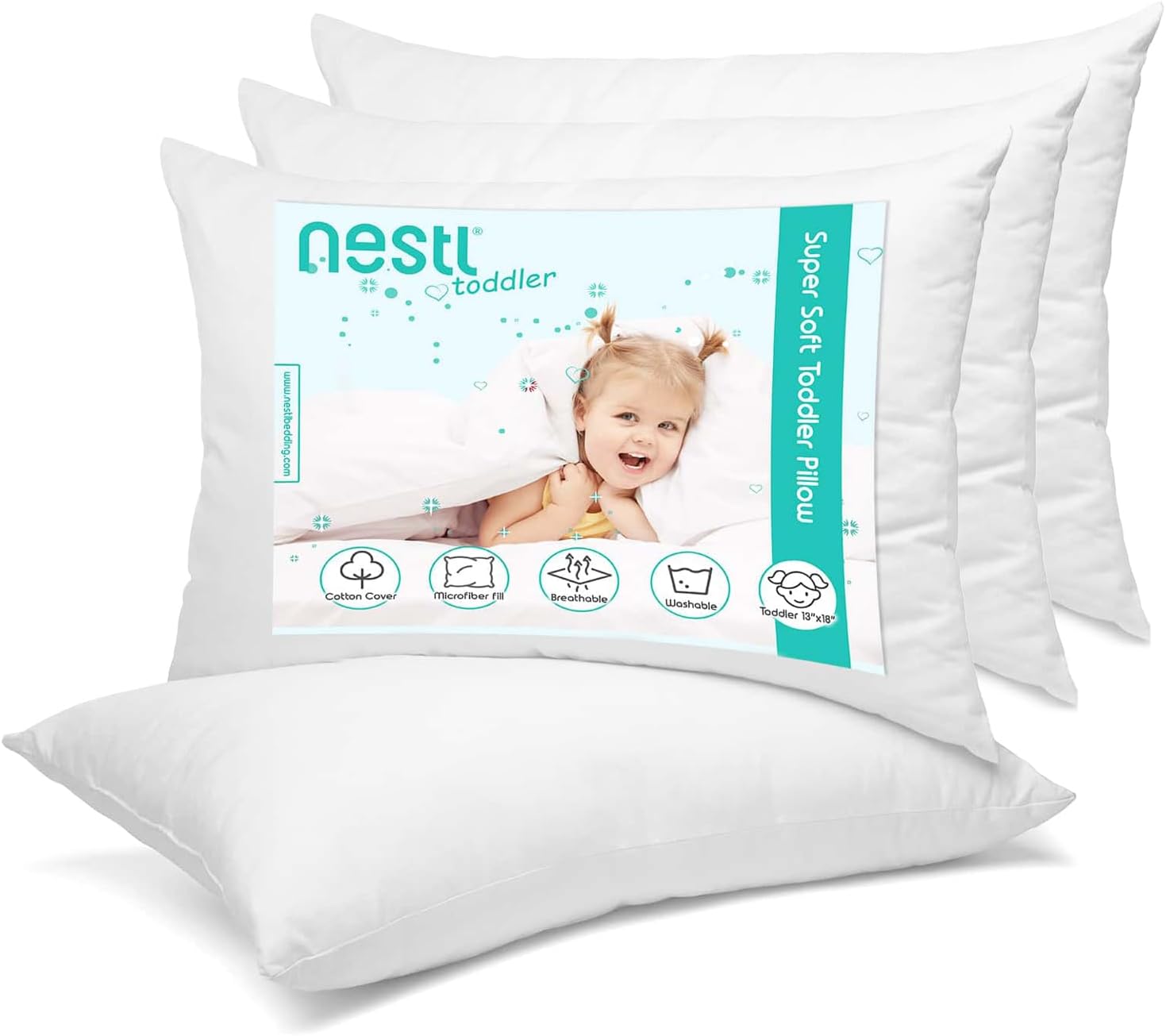 Nestl 4 Pack Toddler Pillow for Sleeping 13 x 18, Small Kids Pillow for Travel, Car, School, Nap, & Toddler Bed, Machine Washable Soft Cott…