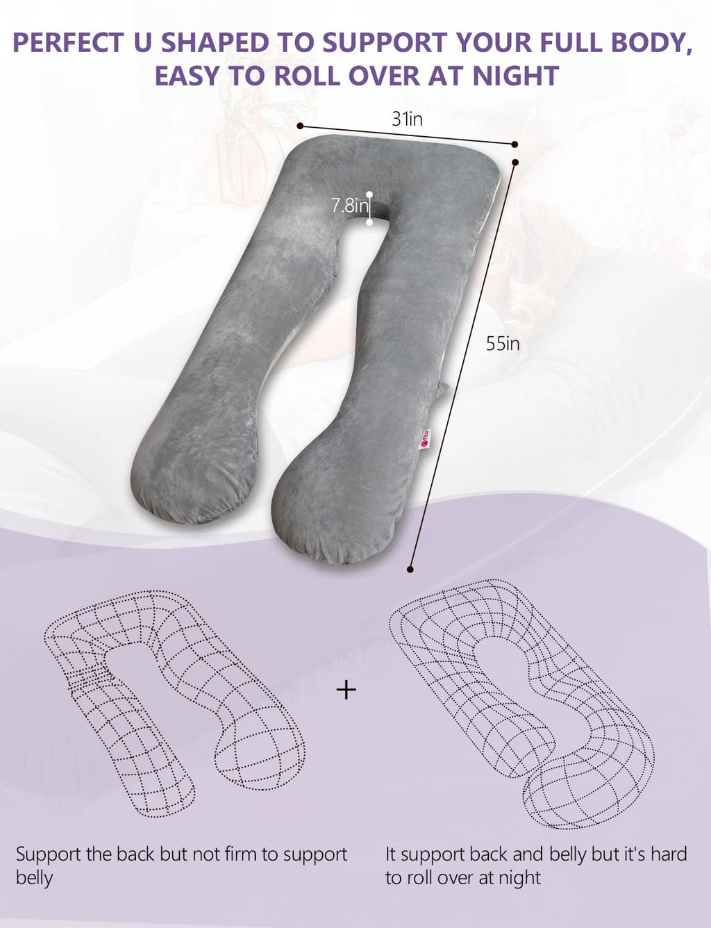 Meiz Pregnancy Pillow, U Shaped Pregnancy Body Pillow with Zipper Removable Cover (Gray- Velvet) 0 Count 55 Inch Gray