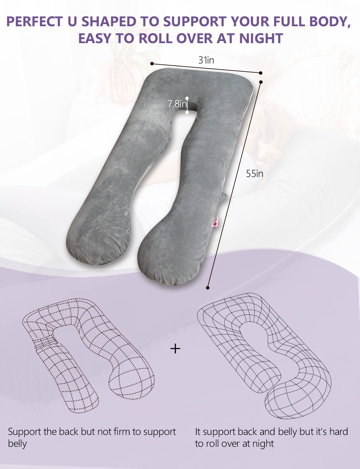 Meiz Pregnancy Pillow, U Shaped Pregnancy Body Pillow with Zipper Removable Cover (Gray- Velvet) 0 Count 55 Inch Gray