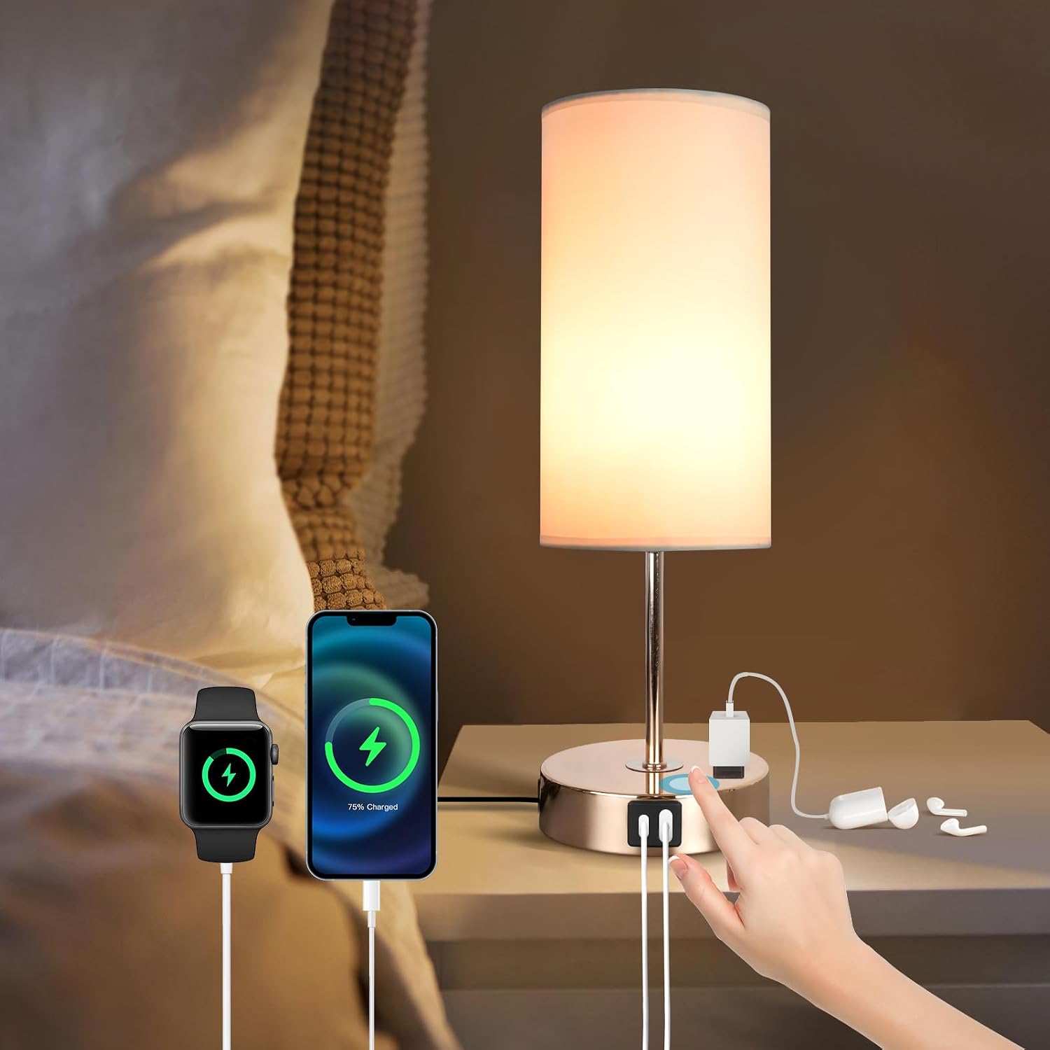 Gold Table Lamp with USB Port - Touch Lamp Desk Lamp, Bedside Lamps for Bedroom, 3 Way Dimmable Small Lamps for Living Room, Dorm, Home…