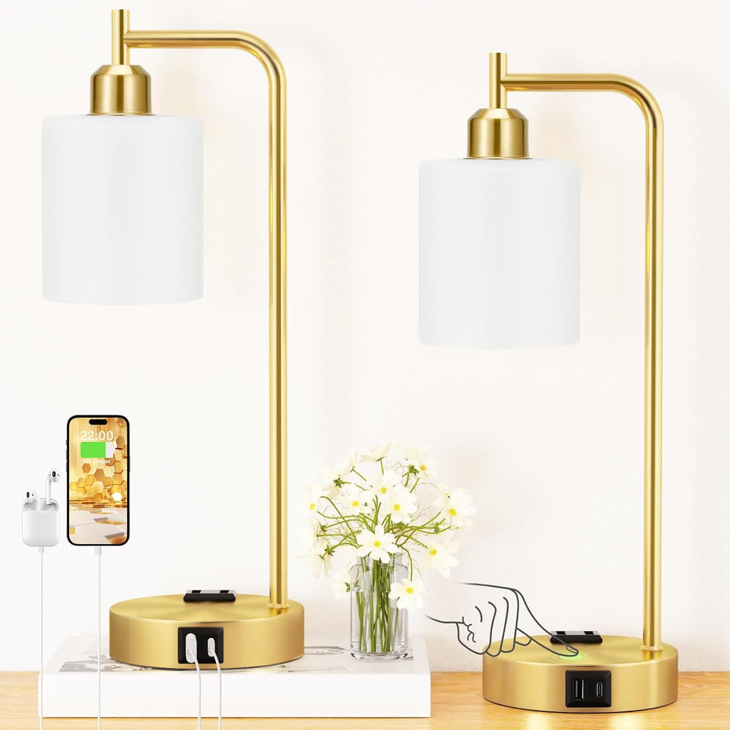 Innqoo Industrial Gold Table Lamps for Bedrooms Set of 2-3-Way Dimmable Desk Lamp with USB C+A Ports and Outlet, Gold Lamps with Opal…