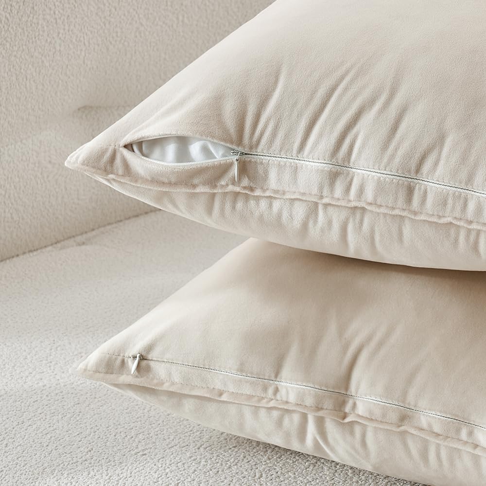 Miulee Cream White Velvet Throw Pillow Covers 24x24 Soft Decorative Solid Square Euro Sham Cushion Cases Pack of 2 Modern Luxury Home Decor…