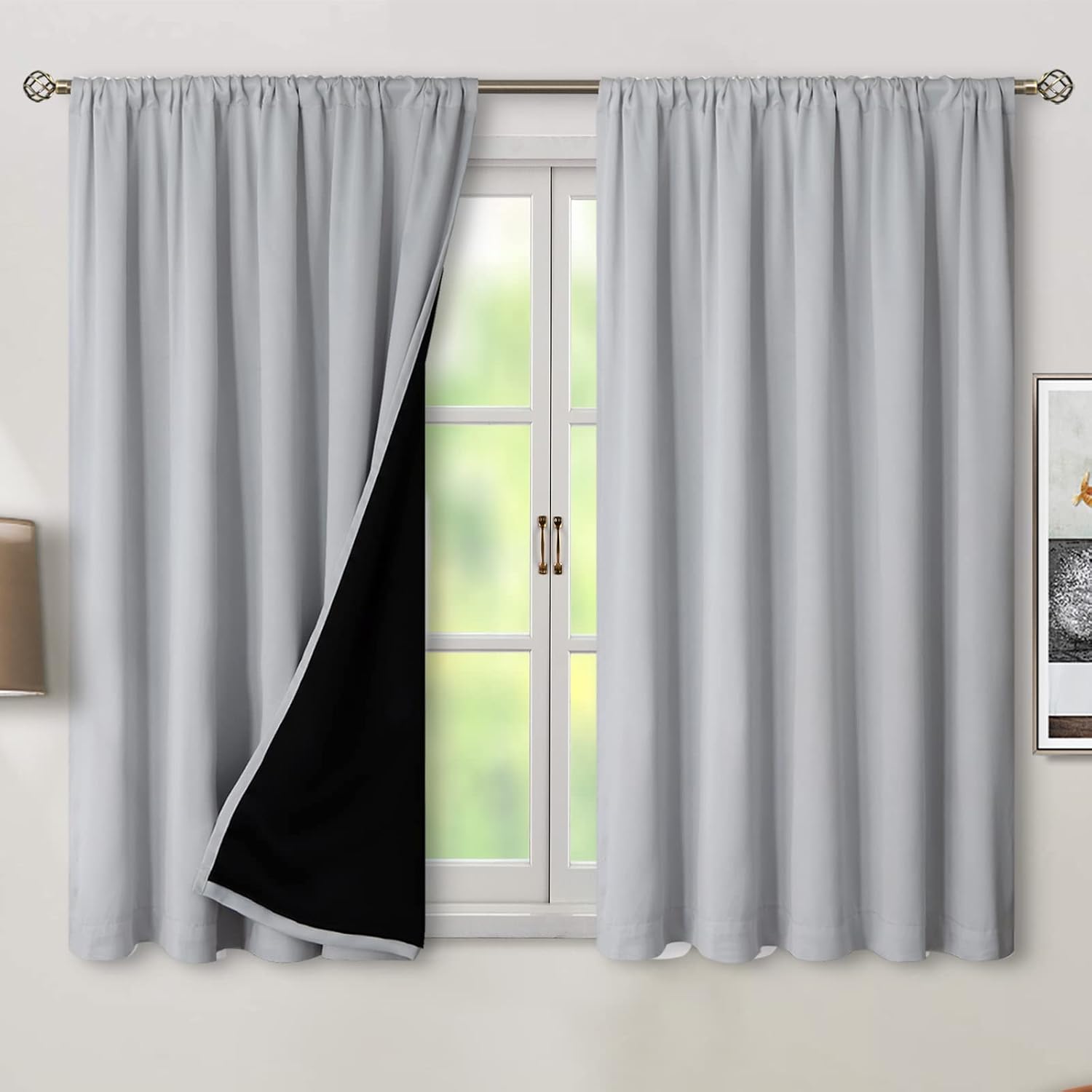 BGment Light Grey 100% Blackout Curtains 54 Inches Long with Black Liner, Rod Pocket and Back Tab Double Layer Full Room Darkening…