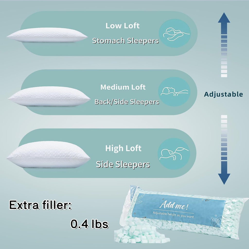 Rainmr Queen Size Bed Pillow for Sleeping Shredded Memory Foam Adjustable Loft Pillows with Cooling Washable Pillow Case, 20x30 inches…