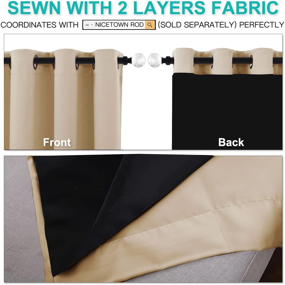 Nicetown Bedroom Full Blackout Curtain Panels, Super Thick Insulated Window Covers, Complete Blackout Draperies with Black Liner for Short…