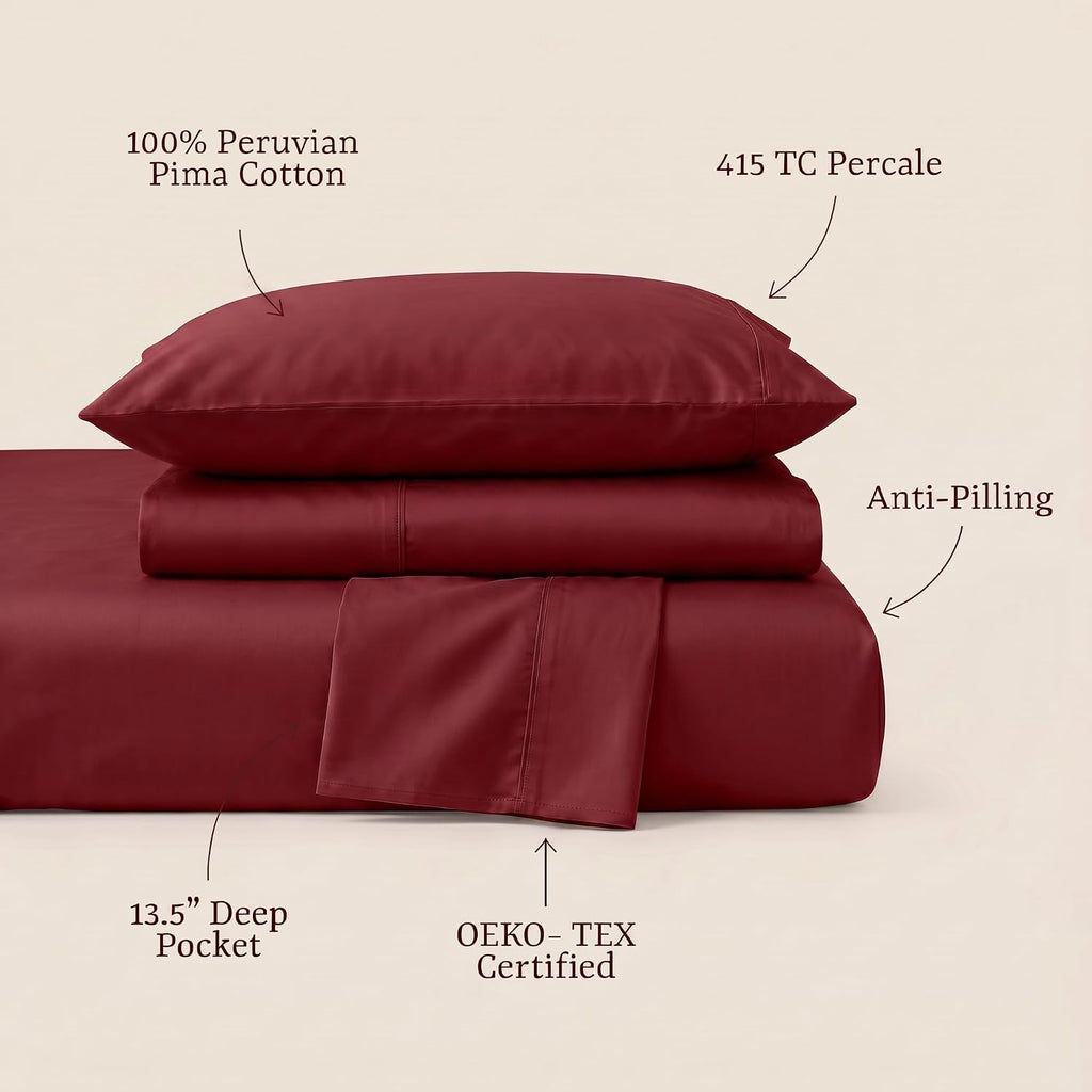 Perupima Peru Pima 415 Thread Count Percal Twin Sheet Set - 100% Peruvian Pima Cotton, 3 Piece (Flat, Fitted, 1 Pillowcase) - Cooling, Cris…