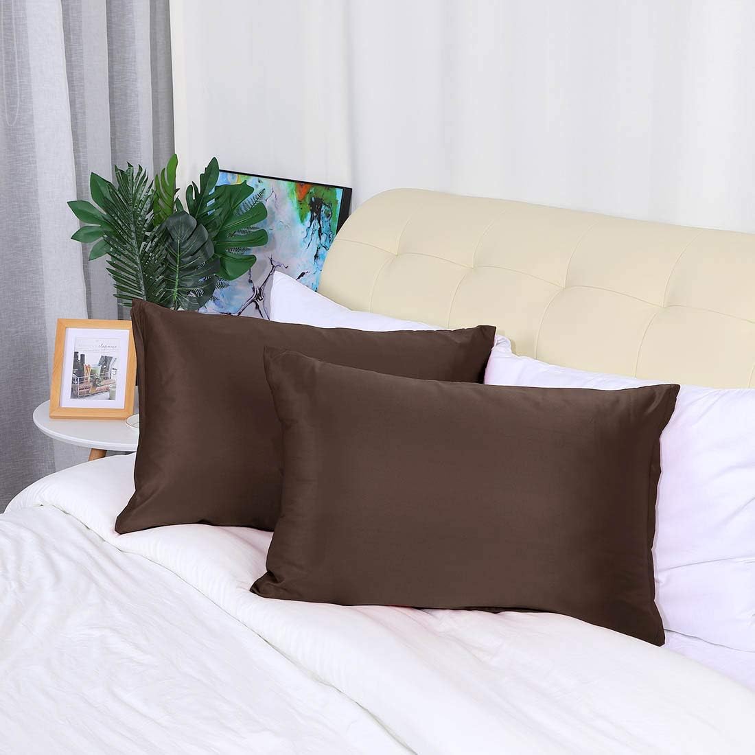 uxcell King Satin Pillowcase with Zipper, Super Soft and Luxury, Silky Pillow Cases Covers Set of 2, 21"x37", Brown