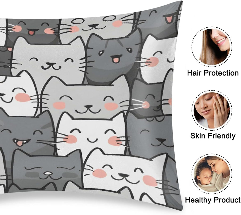 Satin Pillowcase for Hair and Skin Cute Cat Kitten Soft Silk Pillow Case with Envelope Closure Cooling Pillow Cases Slip Standard Size…