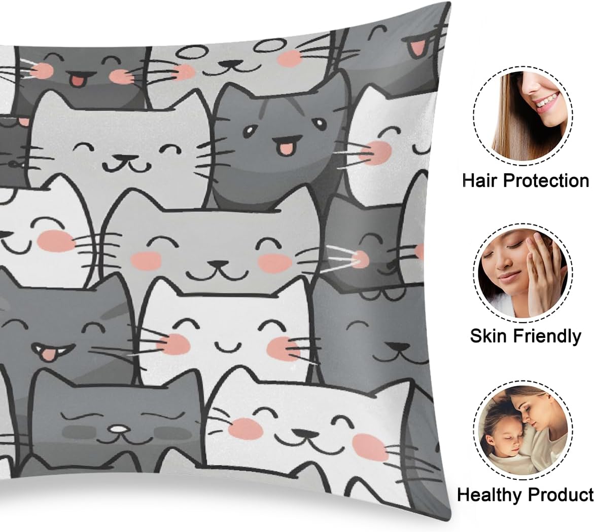 Satin Pillowcase for Hair and Skin Cute Cat Kitten Soft Silk Pillow Case with Envelope Closure Cooling Pillow Cases Slip Standard Size…