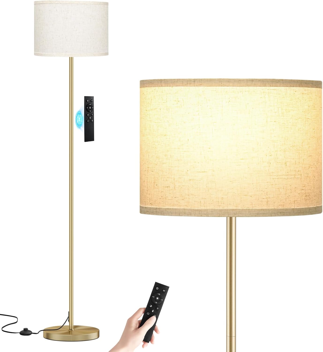 Ambimall 60'' Modern Floor Lamp with Remote, Tall Lamps for Living Room, Bedroom, Office, Dining Room, Beige Shade with Gold…