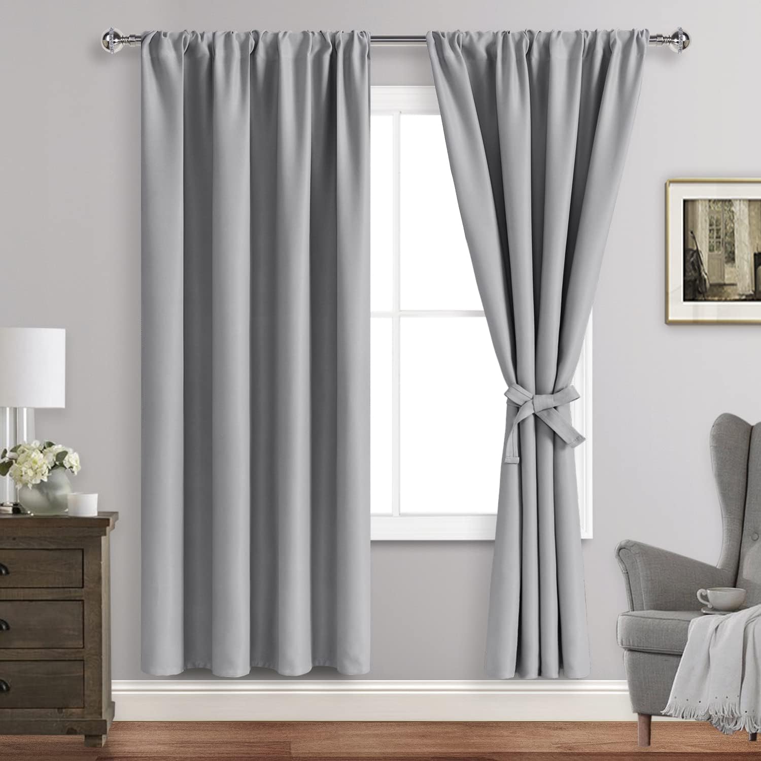 Jiuzhen Silver Grey Curtains for Bedroom - Blackout Curtains & Drapes Set of 2 Panels with Tiebacks, Thermal Insulated Room Darkening Noise…