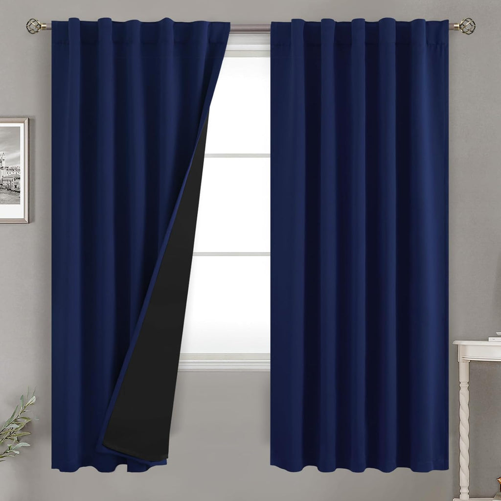 BGment Navy Blue 100% Blackout Curtains 72 Inches Long with Reducing Noise Liner, Rod Pocket and Back Tab Double Layer Full Room…