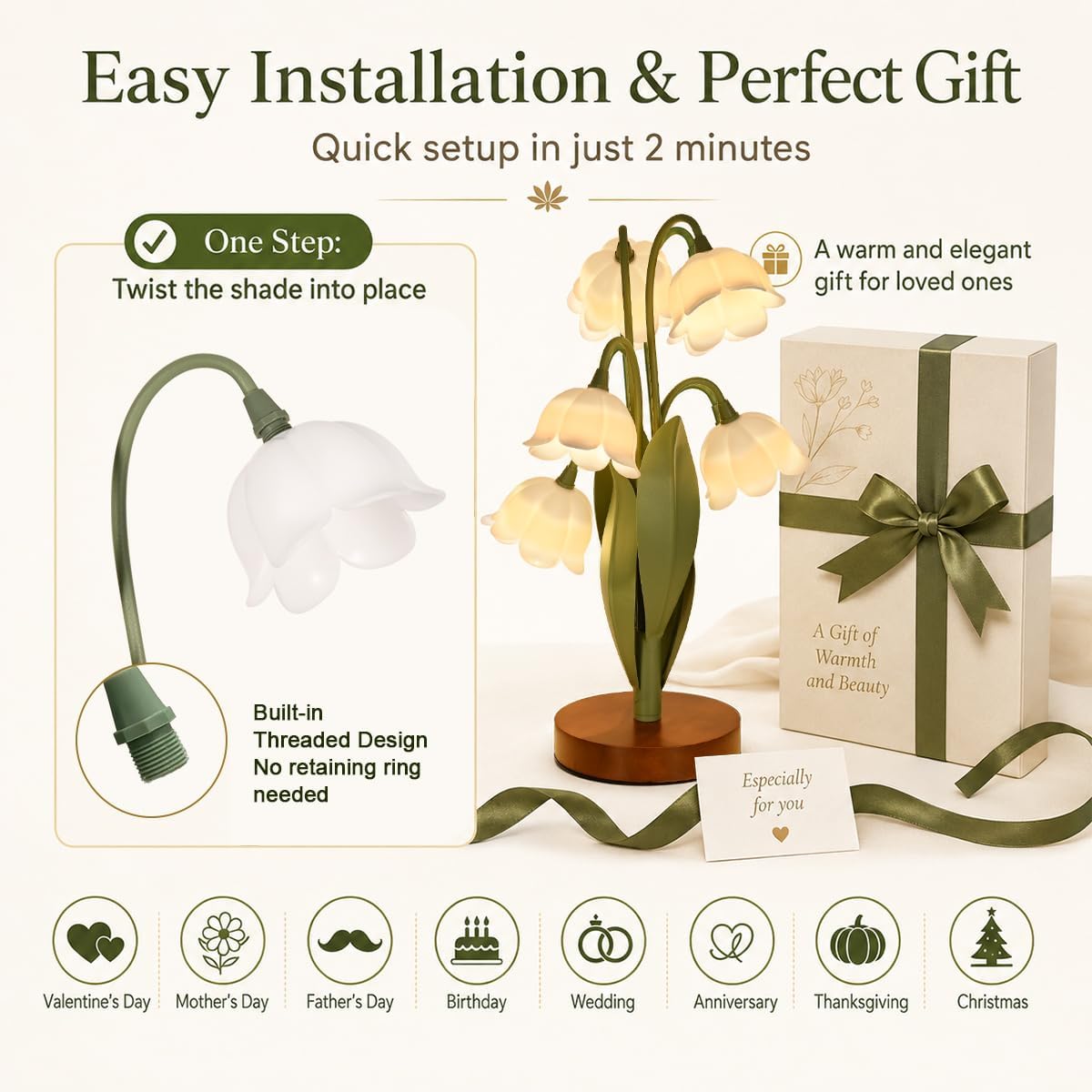 Flower Table Lamp for Bedroom, Cute Reading Light with 5 White Tulip Flower of The Valley, Desk Lamp Bedside Lamps for Nightstands Home…