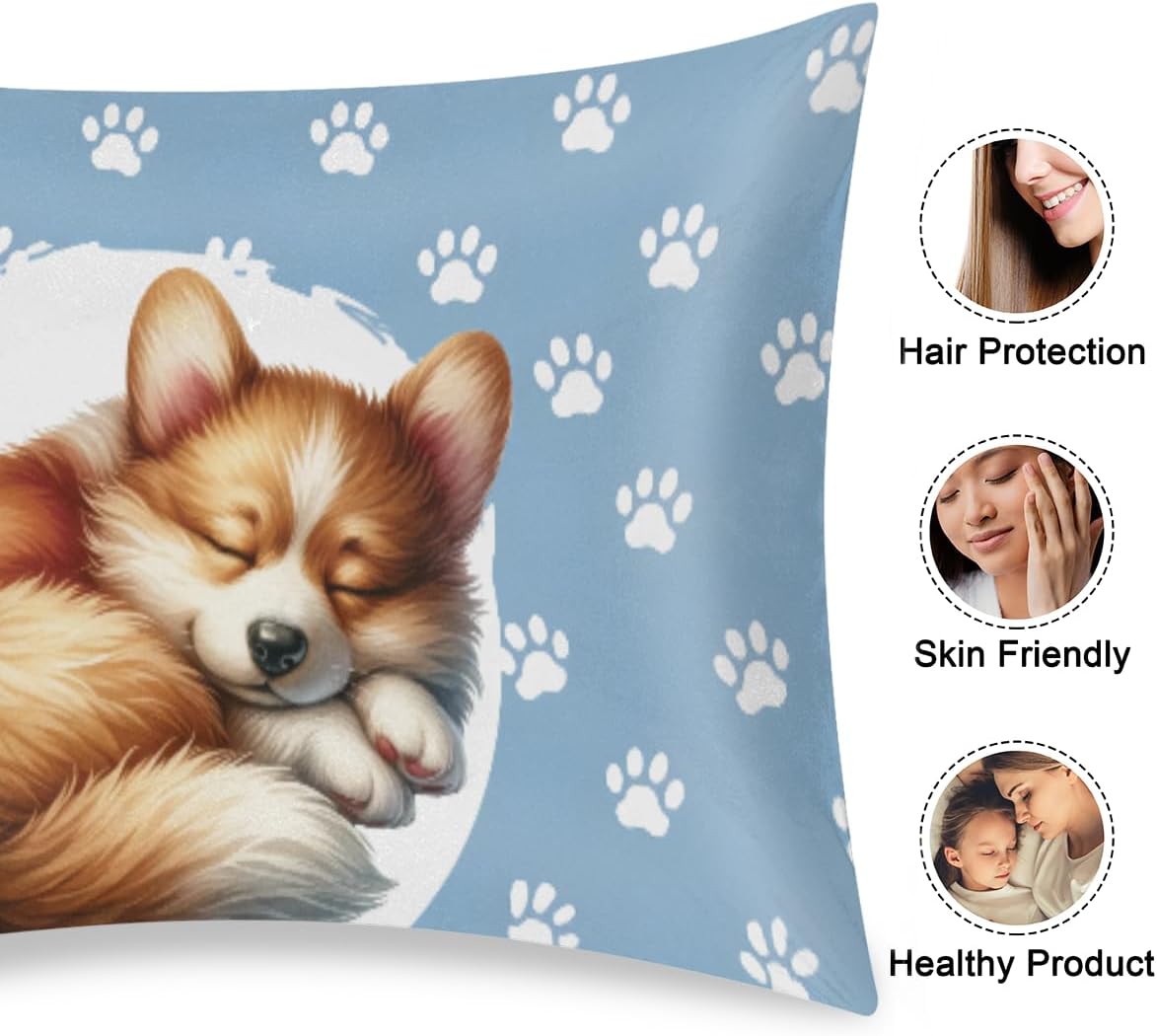 Satin Pillowcase for Hair and Skin Blue Paw Print Dog Soft Silk Pillow Case with Envelope Closure Cooling Pillow Cases Slip Standard Size…