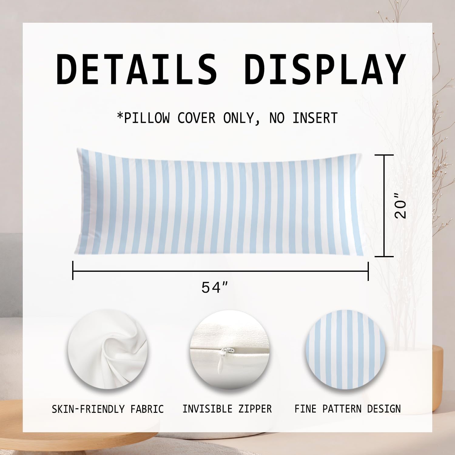 Light Blue Striped 20x54 Body Pillow Cover, Preppy Room Dorm Decor, Blue and White Line Coastal Decorative Long Body Pillow Cases for Bed…