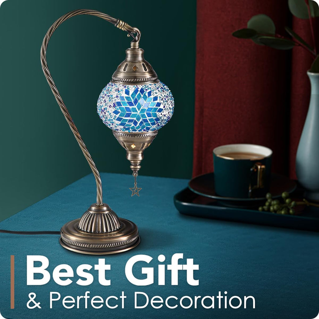 Yarra-Decor Turkish Moroccan Lamp with Bronze Base 3 Color Options Handmade Swan Neck Tiffany Mosaic Glass Bedside Lamps for Bedroom (LED…
