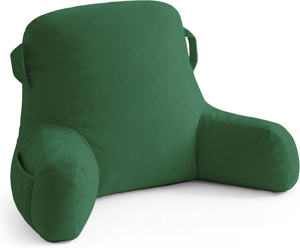 Unisakey Portable Comfy Reading Pillows for Bed Sitting Up(Green Oeko-Tex), Velvet Back Pillow with Arms & Pockets for Adults, Support…