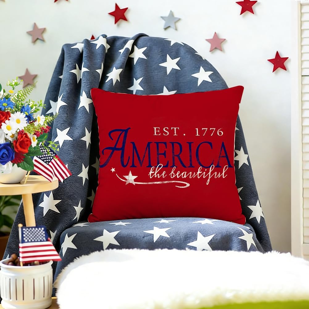 Rabusofa 4th of July Patriotic Signs Throw Pillow Covers 20x20 Inch, Red White and Blue Memorial Day Independence Day Fourth of July Outdoor…