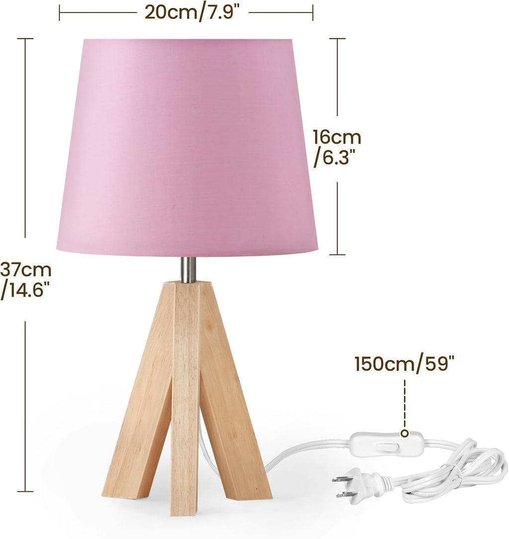 Pink Table Lamp, Small Tripod Table Lamp, Boho Bedside Lamp with Pink Linen Shade & Wood Base, Modern Nightstand Lamps, Little Cute Desk…