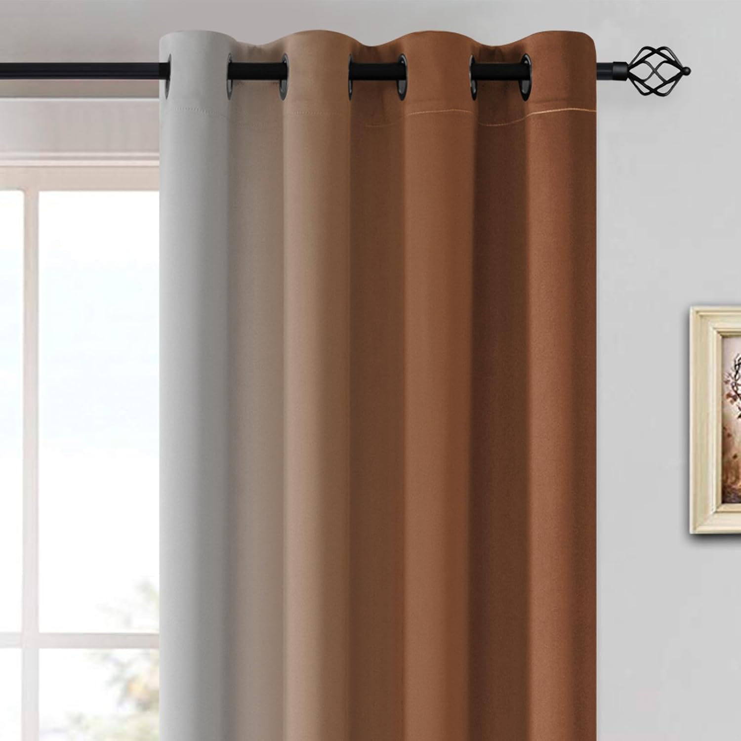 Yakamok Greyish White and Burnt Orange Ombre Curtains, Light Blocking Curtains, Room Darkening Grommet Window Drapes for Bedroom(Burnt Orange…