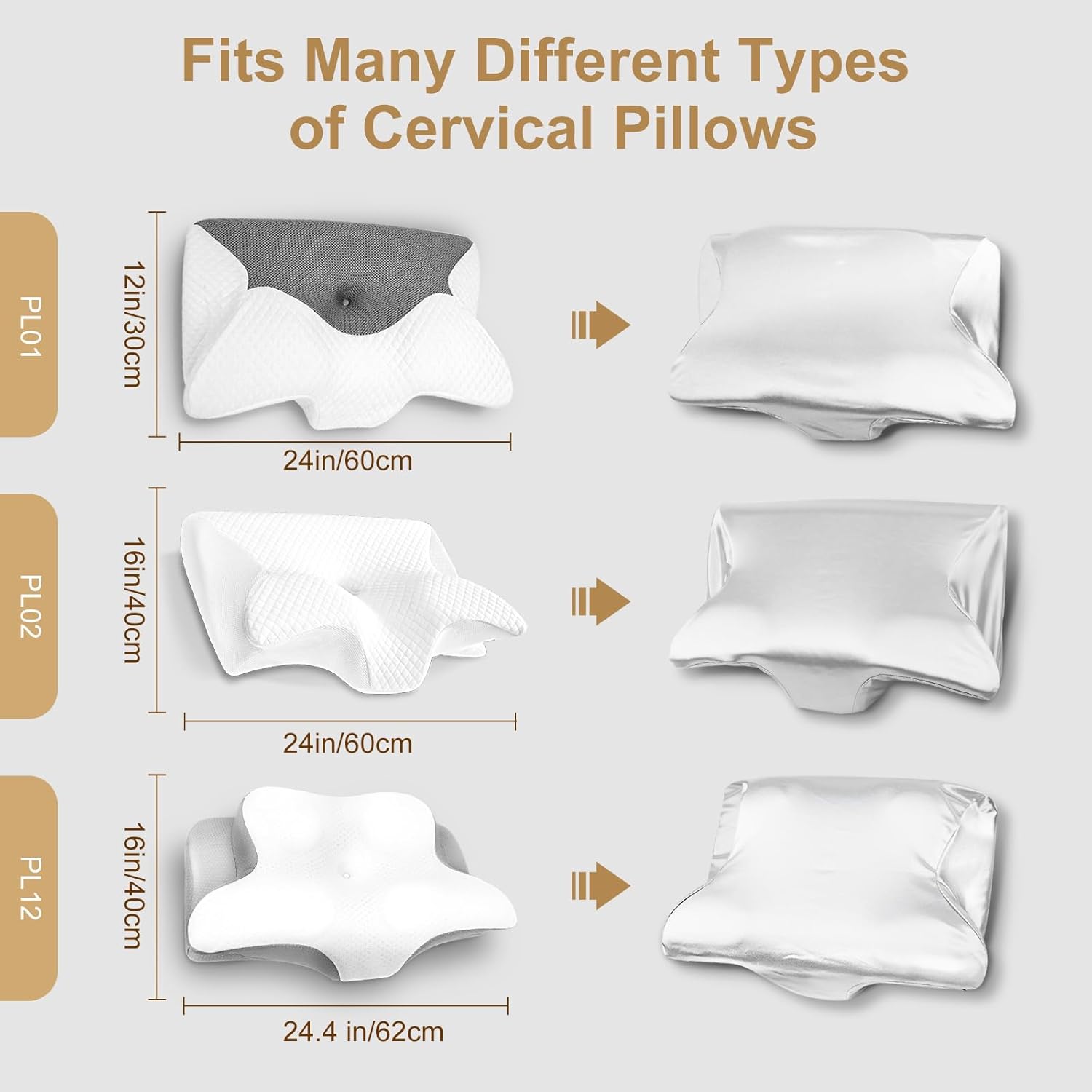 Homca Satin Pillow Cases for HOMCA Cervical Pillow - Contoured Ergonomic Satin Pillowcase with Zipper, Grey Soft & Smooth Fabric for Hair &…