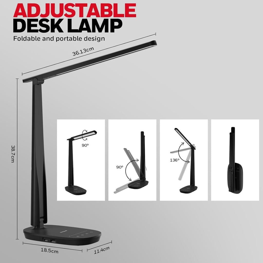 Honeywell HWT-H2 LED Desk Lamp, CRI94 Full Spectrum Eye-Caring Table Light, Foldable Dimmable 4 Color Modes with USB A+C Charging Ports…