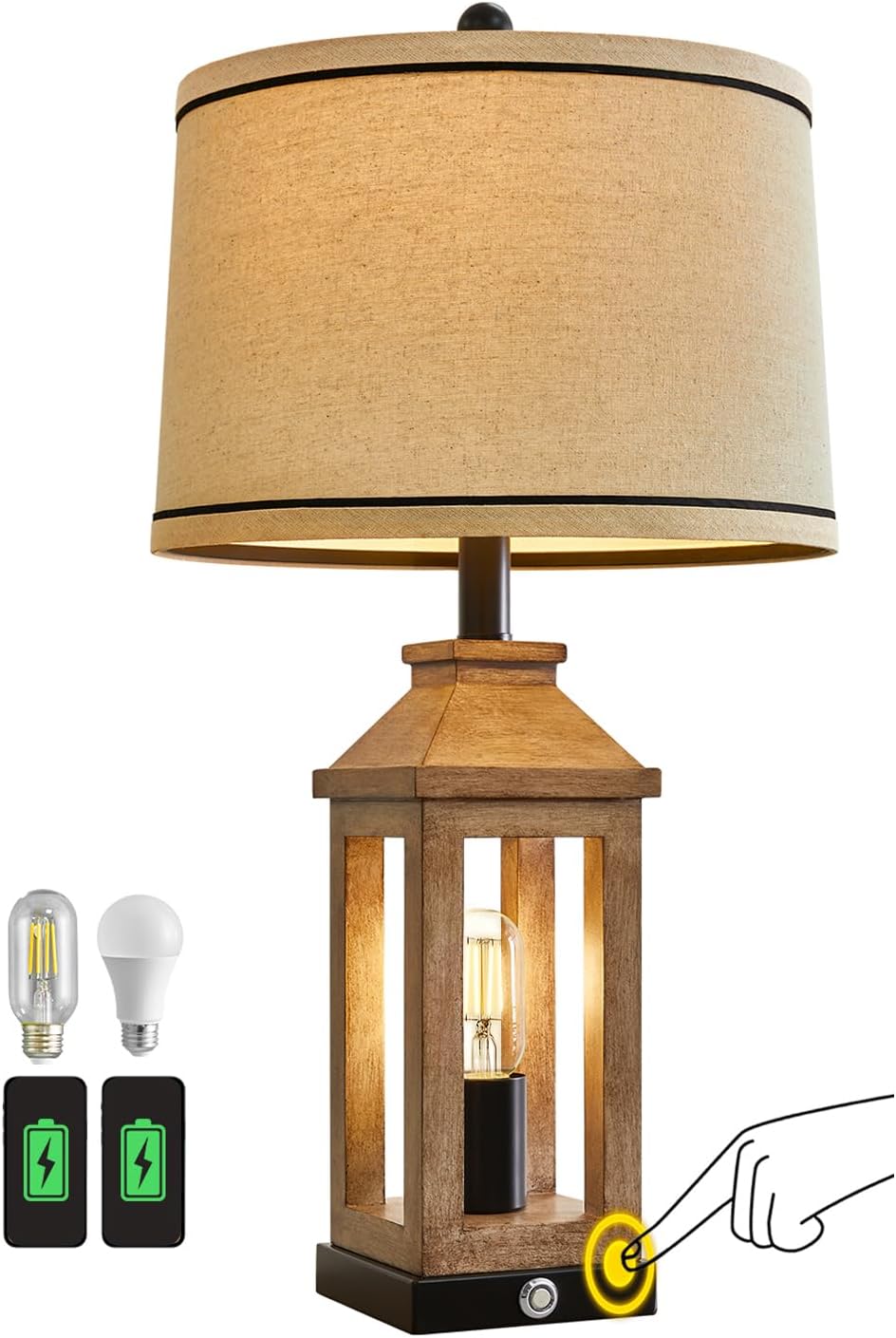 G-SAFAVA 23.75" Farmhouse Table Lamps USB A+C Charging Ports 3-Way Dimmable Touch Control Lamp Nightlight Vintage Modern Lamp for Living…